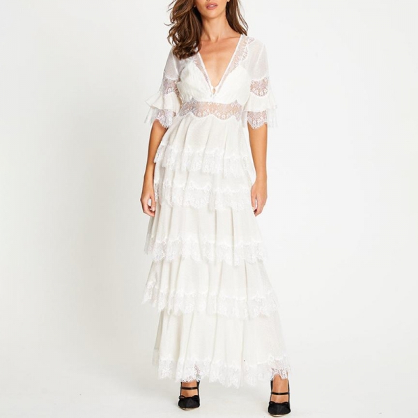 Casual Patchwork Lace Dresses Female V Neck Half Sleeve Cascading Ruffle Dress For Women Female Clothing Tide Casual Patchwork Lace Dresses Female V Neck Half Sleeve Cascading Ruffle Dress For Women Female Clothing Tide