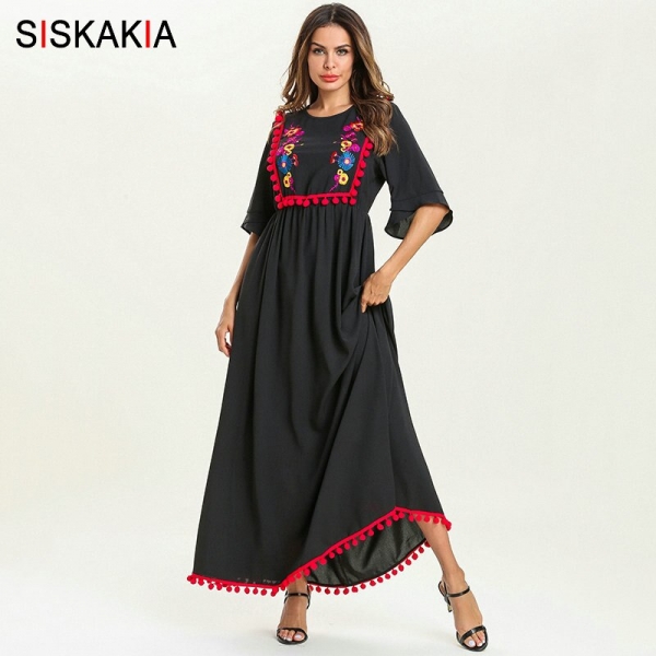 Siskakia Summer 19 Ethnic Women Long Dress Pompom Tassel Floral Embroidery Patchwork Design Maxi Dresses Swing Elegant Black Siskakia Summer 19 Ethnic Women Long Dress Pompom Tassel Floral Embroidery Patchwork Design Maxi Dresses Swing Elegant Black