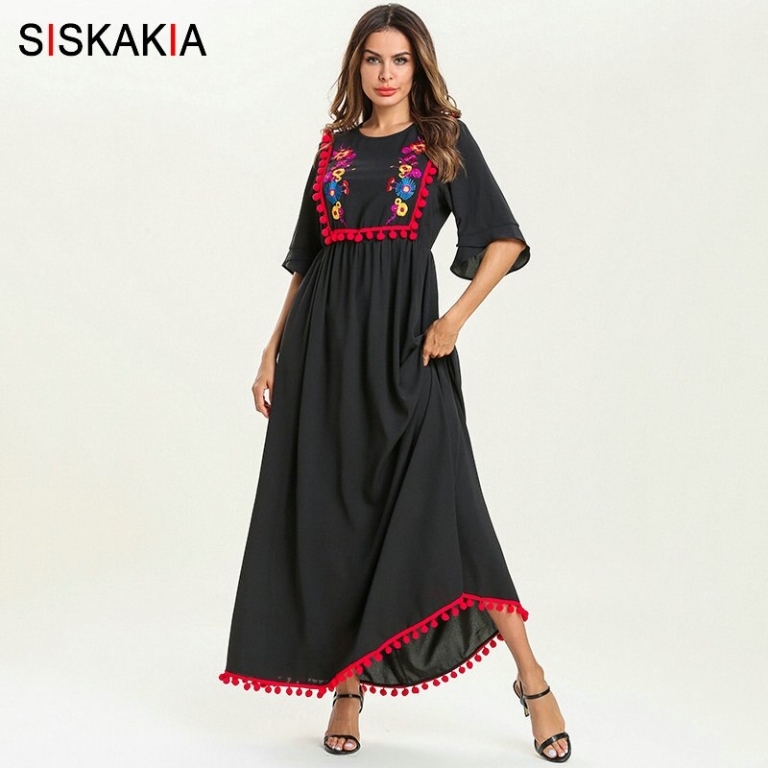 Siskakia Summer 19 Ethnic Women Long Dress Pompom Tassel Floral Embroidery Patchwork Design Maxi Dresses Swing Elegant Black