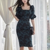 Print Square Collar High Waist Midi Dress Elegant Half sleeve