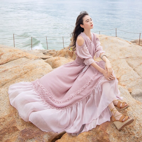 Long Maxi Ruffles Half Sleeve Dresses Summer Boshow