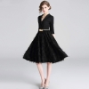 Chic Confidence: Feathers Patchwork Black A-line Office Dress with Belt