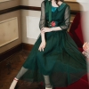 Bowknot Tie Flower Embroidery Half Sleeve Woman Long Chiffon Dress Green
