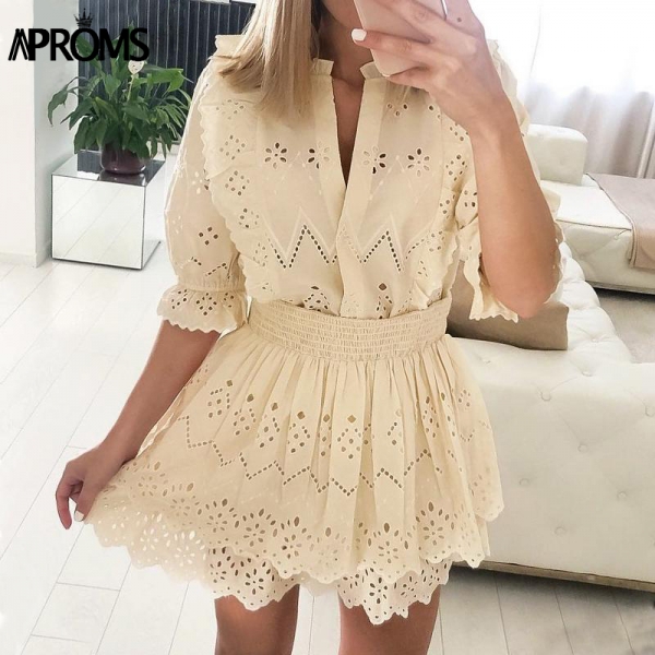 Dress Lace Hollow Out Mini Dress Sexy V-neck Half Sleeve