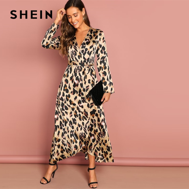 SHEIN Going Out Multicolor Surplice Wrap Satin Leopard Deep V Neck Half Sleeve Dress Elegant Women Autumn Modern Lady Dresses 3