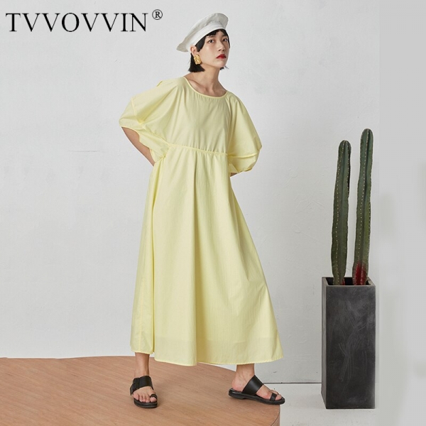 Round Neck Half Lantern Sleeve Yellow Hollow Out Loose Drawstring