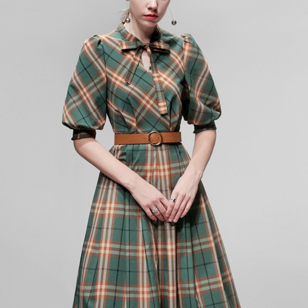 Elegant Plaid Dress Autumn Women Half Sleeve Office Lady Casual A Line Slim Dress Women With Belt Vintage Women Dress SL574 1 Plaid Dress Autumn Women Half Sleeve Office Lady Casual A Line Slim