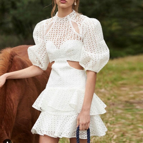 White Puff Half Sleeve High Waist Mini Dress