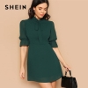 SHEIN Lady Green Elegant Tie Neck Stand Collar Flounce Sleeve Mini Dress Spring Solid Half Sleeve Ruffle Trim A Line Dress