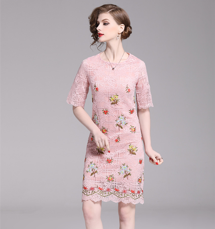 HAMALIEL Pink Lace Floral Pencil Fashion Dress Summer Women Embroidery Half Sleeve Bodycon Slim Dress Elegant Hollow Out Dress