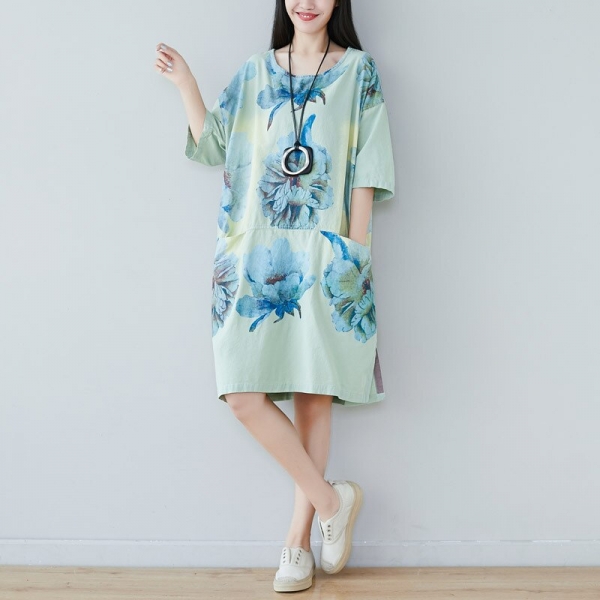 19 summer new literature and art round collar half-sleeve five-minute sleeve dress in the long women loose large size show thin new literature and art round collar half-sleeve five-minute sleeve dress