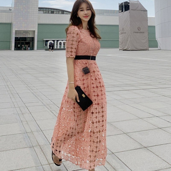 19 New Runway Hollow Out Patchwork Elegant Long Dress Women Autumn Ankle-length Swing OL Lace Half Sleeve Dresses Vestidos