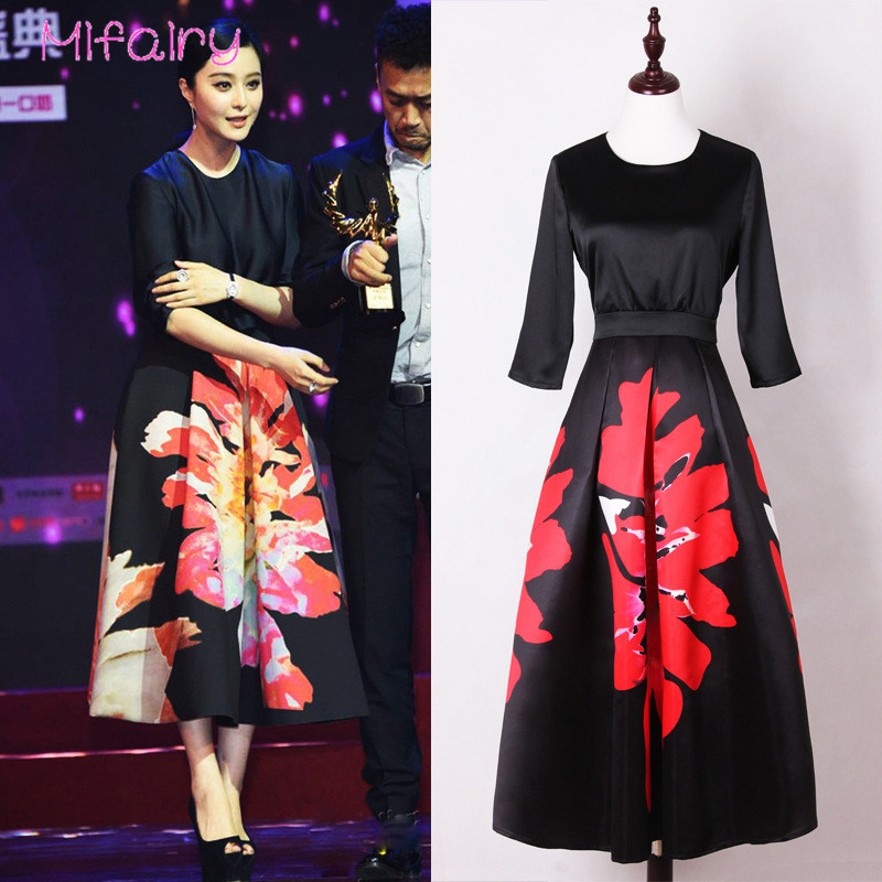 Mifairy 17 Black Half Sleeves Flowers Print Long Women Dress Plus Size Mid-calf Celebrity Style Dress 929