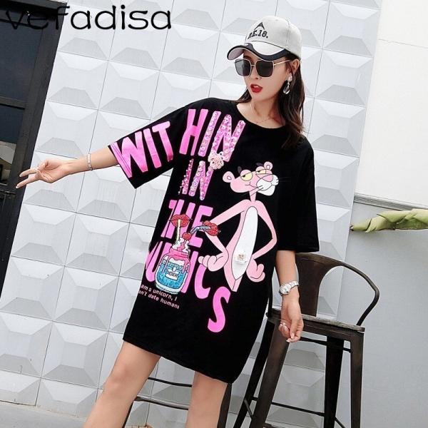 Vefadisa Pink Letter Dress Women Cartoon Printing Dress Half Sleeve Mini Dress Summer Sequin Lips T Shirt Loose Long Tops ZLD840 1 Step Out in Style: Vefadisa Pink Letter Dress with Fun Cartoon Print