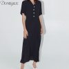 19 Dress Womens Summer Fashion Concise Casual Turn-down collar half Sleeve dress single breasted A Line black long dress