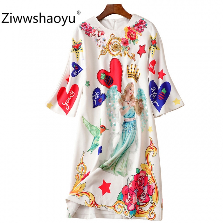 Ziwwshaoyu Fashion Autumn Winter Brand Diamond Sequin Angel Flower Print Half Sleeve Loose Dresses Women's