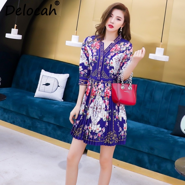 Spring Summer Dress Runway Fashion Designer Half Sleeve Simple Button Flower Printed