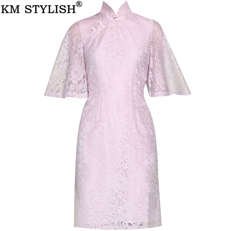 Early Spring New Vintage Elegant Women’s Pink Soft Lace Slim Flare Half Sleeve Lady Cheongsam Chinese Style Sheath Dress 2