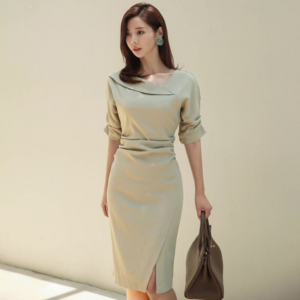 Office Lady Pencil Dress Autumn Solid Sheath Half Sleeve