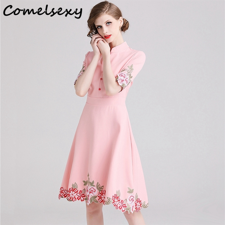 Comelsexy New Ladies Vintage Stand Collar Party Dress Spring Summer Midi Vestidos Women Pink Half Sleeve Embroidery Floral Dress