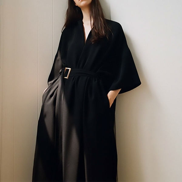 19 New Spring Summer V-Neck Half Sleeve Black Loose Waist Bandage Pocket Long Big Size Dress Women Fashion Tide B446