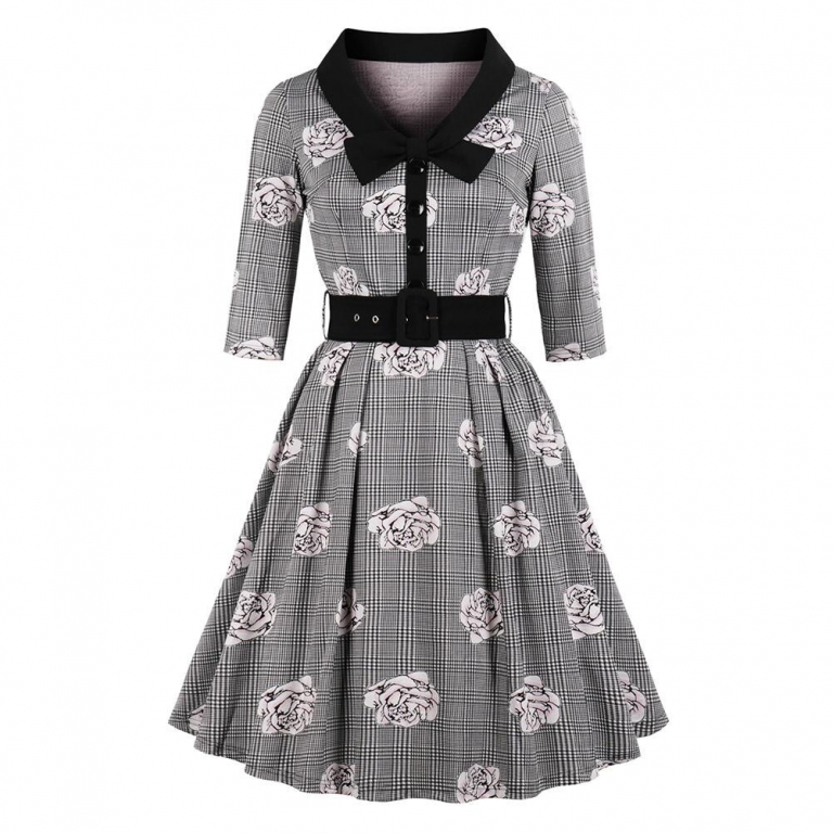 New Autumn Women's Vintage Flare Dress Bow Tie Belt Slim Plaid Rose Print Half Sleeves Dress Plus Size Large Swing Elegant Dress
