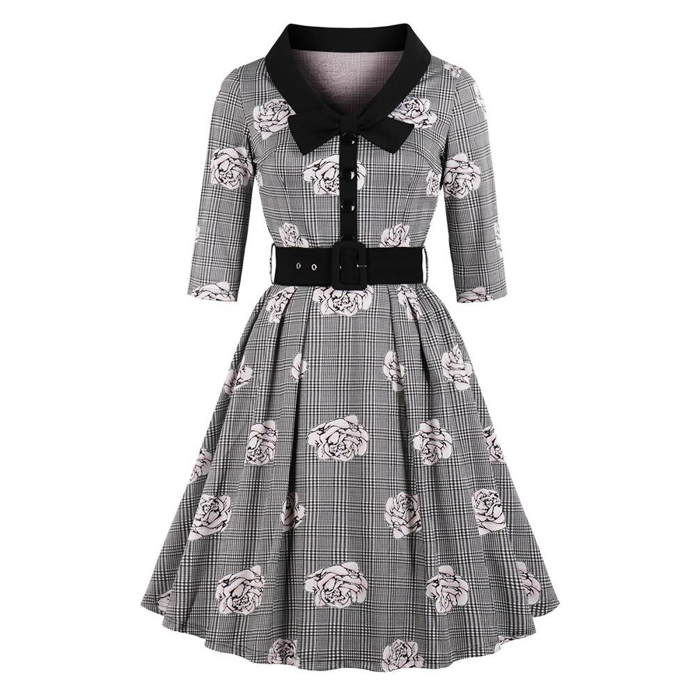 New Autumn Women’s Vintage Flare Dress Bow Tie Belt Slim Plaid Rose Print Half Sleeves Dress Plus Size Large Swing Elegant Dress