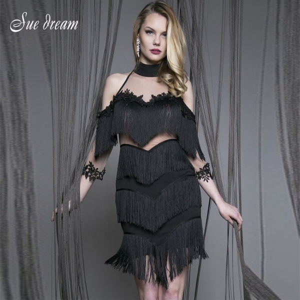 17 Summer new women dress half sleeves turtleneck dress sexy bodycon tassel mesh celebrity party black violet dresses vestidos