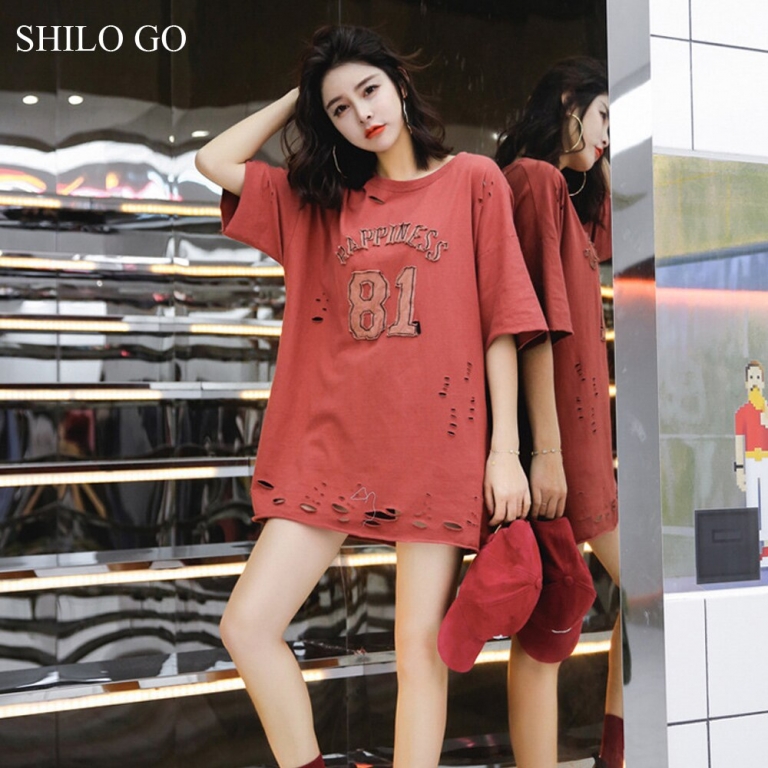 SHILO GO dress Womens Summer Fashion Concise Casual O Neck half Sleeve dress casual loose hole letter print dark color dress