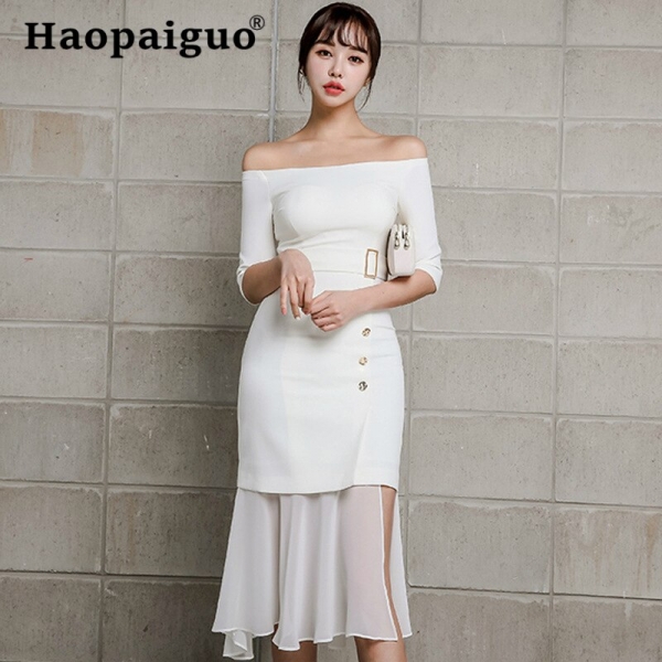 Chiffon Patchwork Slash Neck Wrap Dress Summer 19 Half Sleeve Casual Office Work Dress Women Trumpet Midi White Dresses Women