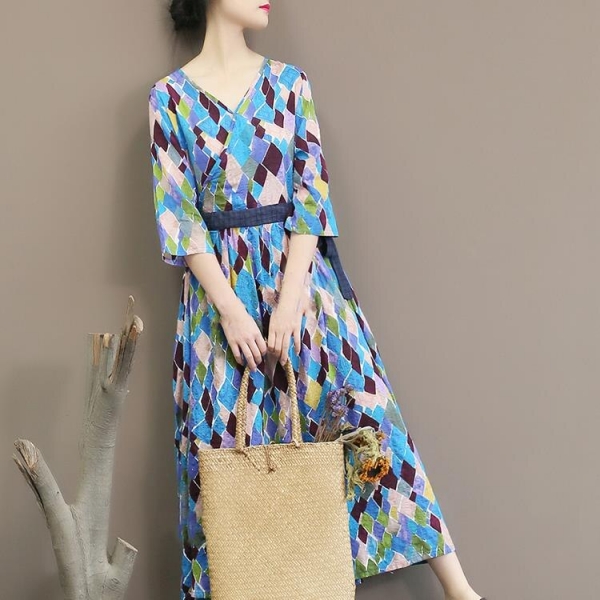 Spring Autumn Geometric Printing Dress Half Sleeve Sexy V Neck Dress Loose Long Dress 1 Autumn Geometric Printing Dress Half Sleeve Sexy V Neck Dress