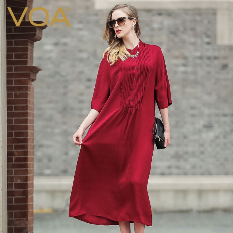 VOA red big code silk Casual dress female 17 Europe and America loose half sleeve silk dress A5978
