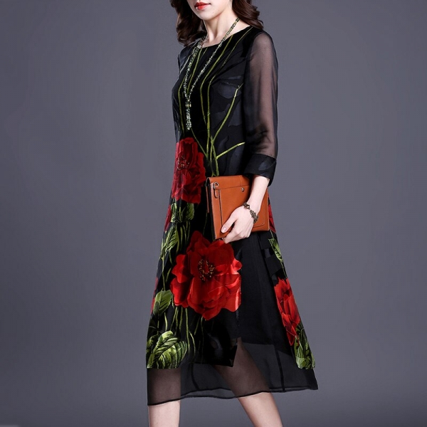 Imitate Real Silk Dresses Plus Size Vintage Loose Women Print A-Line Dress New Pattern Half Sleeves Dress Lady Nightclub Costume