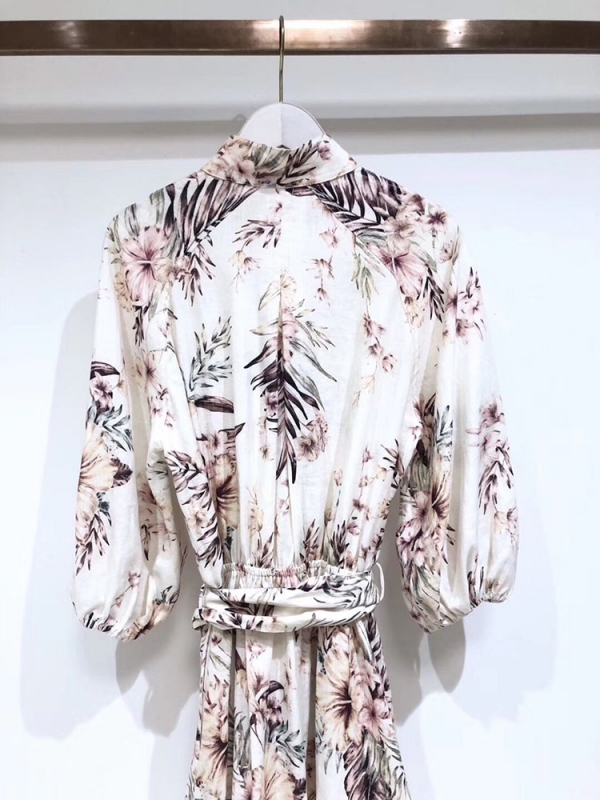 Linen Elegant Print Bandage Waist Half Sleeve Dress ??