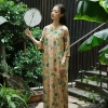 Retro Frog Buttons Long Side Opening Half Sleeve Yellow Floral Dress, Traditional Chinese Cheongsam Style Loose Straight Robes