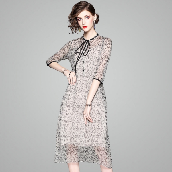 Printed O-Neck Half Sleeved Loose A-Line Two Piece Dress Midi M-XXL