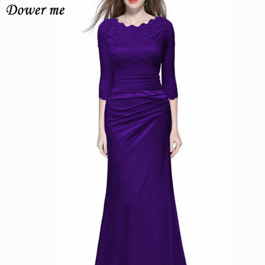 Dower Me Women Vestidos Half Sleeve Solid Lace A-Line Party Dress Y072 O-Neck Floor-Length Zipper Ruched Women Dress 1
