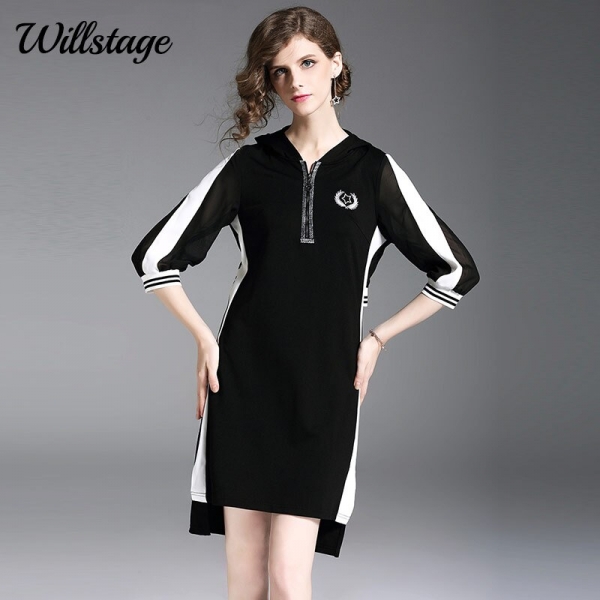 Willstage 18 Autumn Black Dresses Half sleeve Elegant Irregular Dress with hoodies Women Striped Patchwork Casual Vestidos 1 Willstage Autumn Black Hooded Dress - Casual Elegance with a Stylish Twist