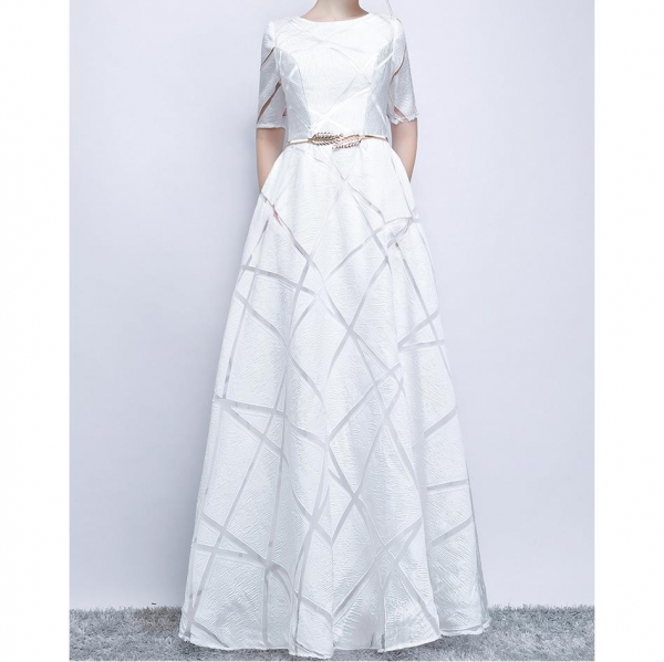Elegant White Ball Gown Long Party Dress Casual Plus Size Dress Half Sleeve Round Dress