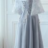 Half Sleeve Embroidery Lace up Dresses A-line Tea Length Formal Dress