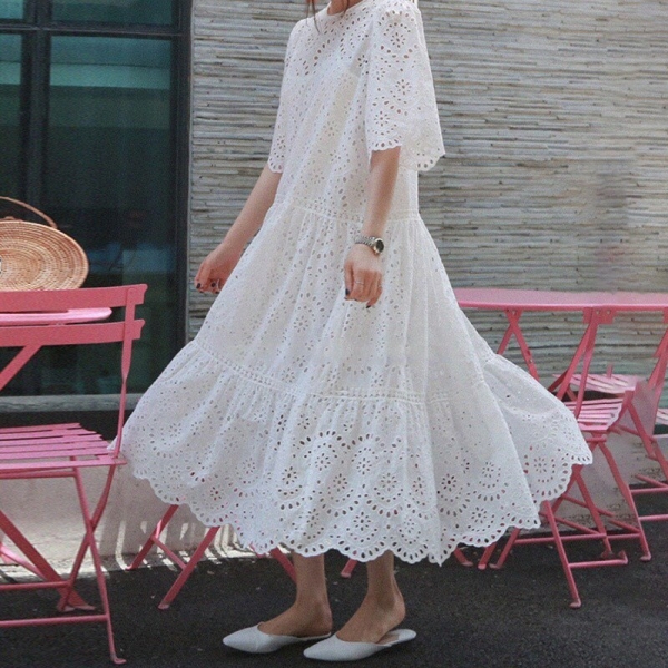 19 Summer Women Casual Half Sleeve Loose Dress Solid Oversize Big Hem Hollow Out Maxi Dresses Elegant White Long Dress Elegant white long dress with half sleeves and hollow-out big hem – oversized summer maxi style