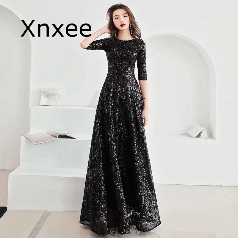 Xnxee Full Sequins Shining O-neck Half Sleeve Formal Dresses Women Vintage Wine Red Long Party Vestido de novia 2 O-neck Half Sleeve Formal Dresses Women Vintage Wine Red Long Party