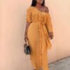 V-neck Half Sleeve Fashion Long Pleated Ruffle Loose Dress Solid Color Luxury