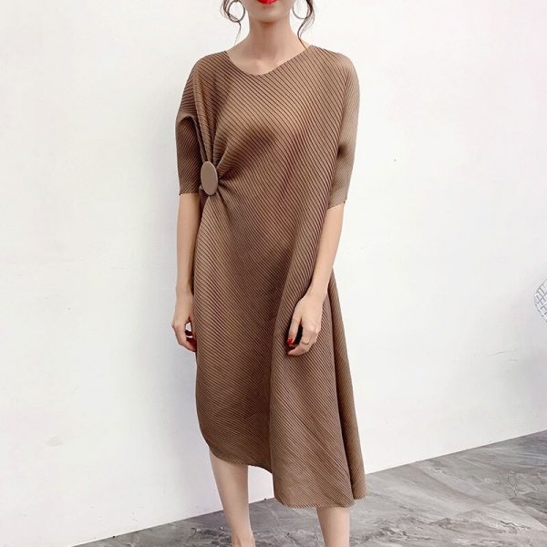 MEVGOHOT Half Sleeve Woman Solid Pleated Buttons Fashion Dress Mid-calf Length Press Fold Casual Loose Draped Dresses HD27 MEVGOHOT Half Sleeve Woman Solid Pleated Buttons Fashion Dress Mid-calf Length Press Fold Casual Loose Draped Dresses HD27