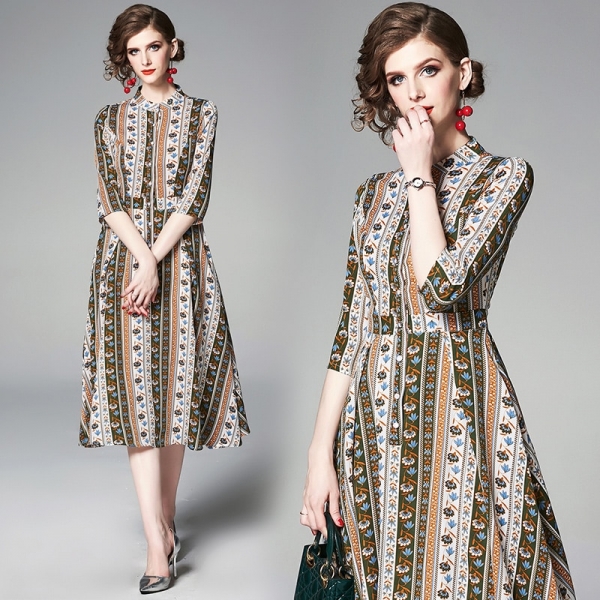 YASUGUOJI New 19 Summer Dress Women Vintage Floral Dress Half Sleeve A Line Stand Collar Single Breasted Slim Dress Women 1 Vintage Floral Dress Half Sleeve A Line Stand Collar Single