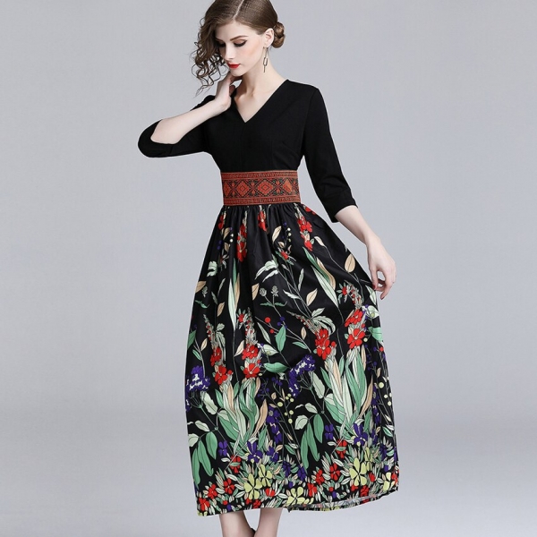 Summer Casual Half Sleeve Slim A-line Dress 19 Vintage Patchwork print Maxi Dresses Boho V Neck long Dress vestidos de fiesta 1 A-line Dress 19 Vintage Patchwork print Maxi Dresses Boho V Neck long