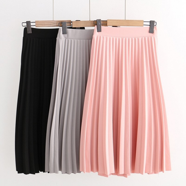 SETWIGG Spring Thick Chiffon Pleated Long Skirt Women Stretch Waist Grinding Pink Calf-length Pleated A-line Summer Skirt SG019 Spring Thick Chiffon Pleated Long Skirt