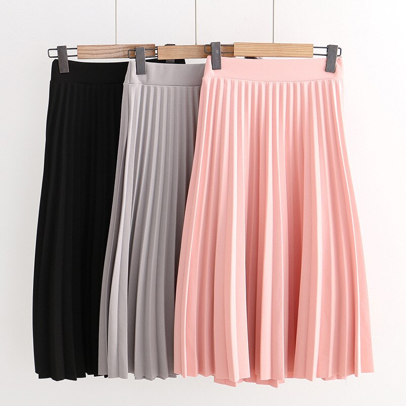 SETWIGG Spring Thick Chiffon Pleated Long Skirt Women Stretch Waist Grinding Pink Calf-length Pleated A-line Summer Skirt SG019