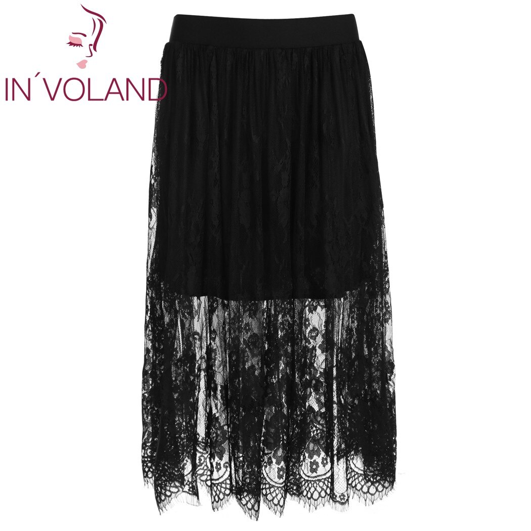 IN’VOLAND Women Skirt Plus Size Solid Elastic Waist Sheer Floral Lace Patchwork Midi Lady Beach Skater Skirt Plus Size XL-4XL