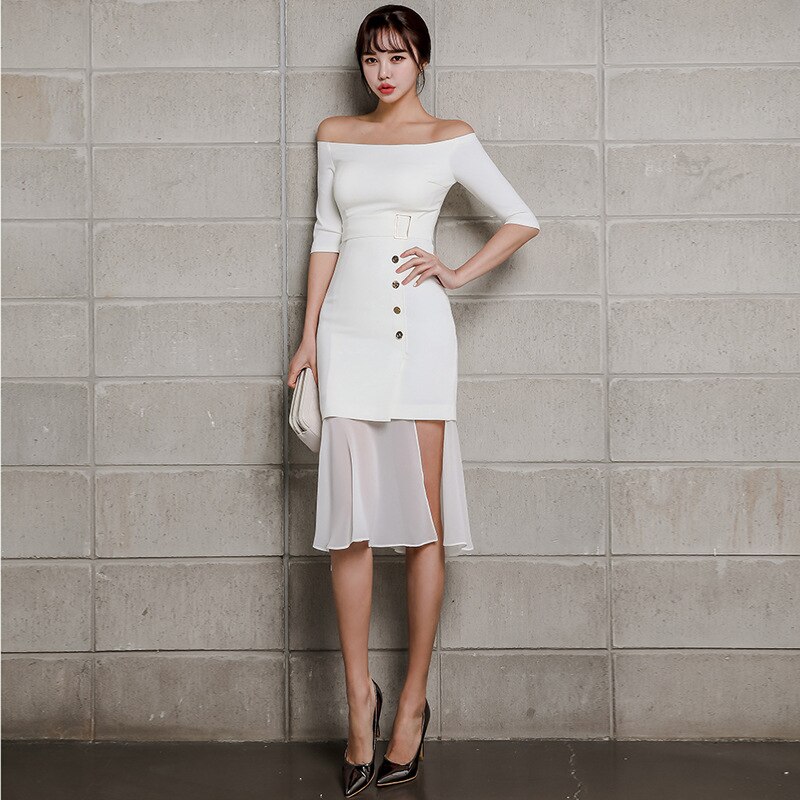 Plus Size White Half Sleeve Slash Neck Button Vintage Elegant Dress Chiffon